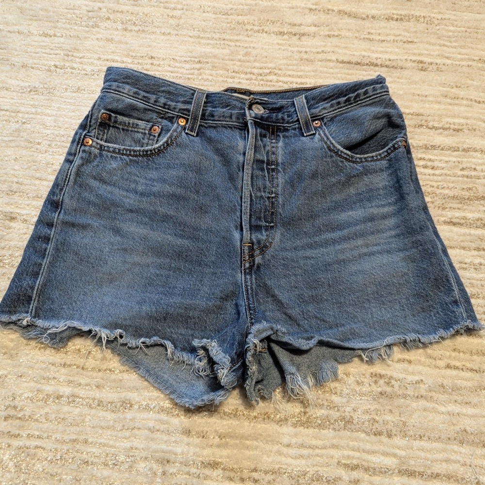 Levi's Ribcage Denim Shorts Women Sz 29 Blue Jean High Rise Raw Hem Button Fly